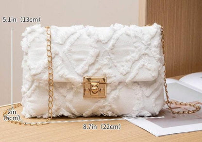 White Frayed Shoulder Bag, Distressed Flap Purse, Ivory Crossbody Bag, Textured Chain Handbag, Casual Boho Purse