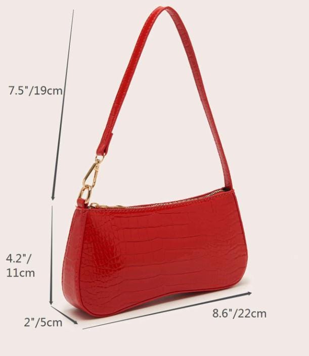 Red Croc Embossed Shoulder Bag, Y2K Baguette Purse, Glossy Faux Croc Handbag, Mini Underarm Bag, Red Shoulder Purse