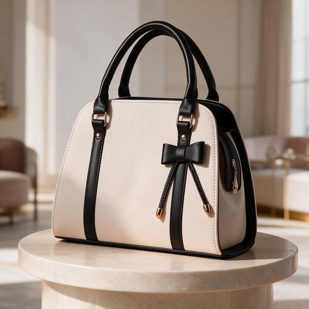 Cream Black Handbag, Two Tone Bow Purse, Structured Satchel Bag, Black Trim Top Handle Bag, Elegant Women's Handbag