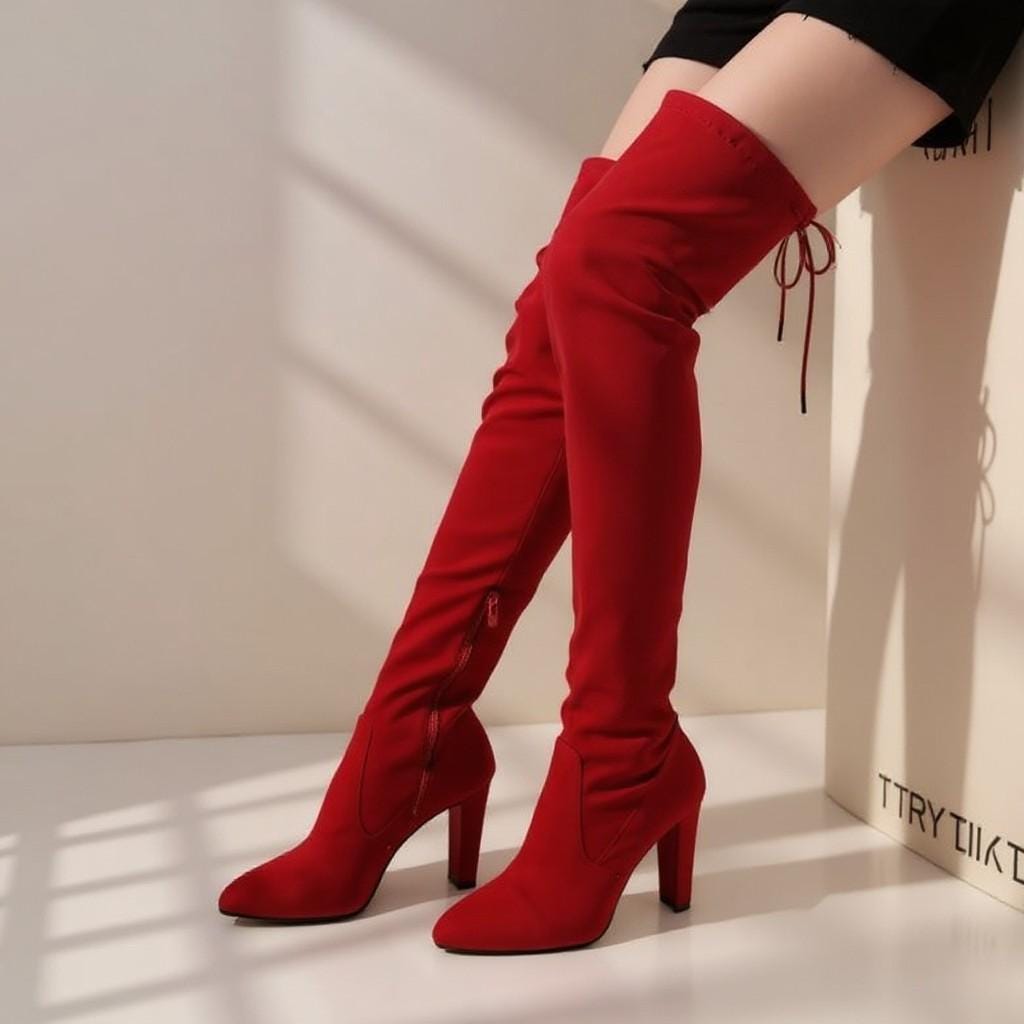 Red Over The Knee Boots, Slouchy High Heel Boots, Tall Red Boots, Women's Statement Fashion Shoes