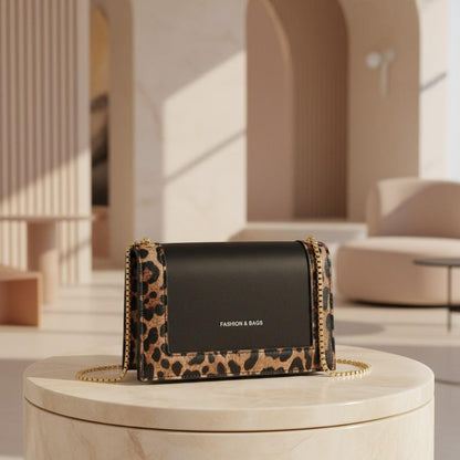 Black Leopard Shoulder Bag, Gold Chain Crossbody Purse, Leopard Print Handbag, Structured Flap Bag, Chic Everyday Purse