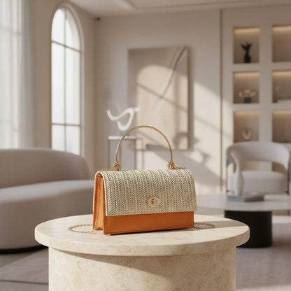 Cream Woven Shoulder Bag, Brown Colorblock Handbag, Textured Flap Purse, Chain Strap Bag, Elegant Top Handle Bag