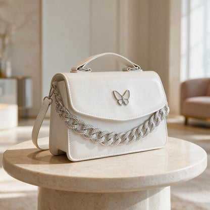 Cream Chain Handbag, Ivory Shoulder Bag, Structured Flap Purse, Elegant Crossbody Bag, Chic Womens Handbag
