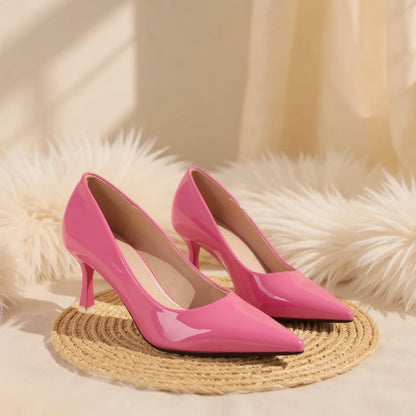 Hot Pink Patent Heels, Pointed Toe Stiletto Pumps, Glossy Pink Dress Shoes