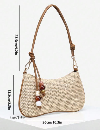 Woven Shoulder Bag, Boho Summer Purse, Beige Hobo Bag, Beaded Detail Handbag, Casual Beach Bag