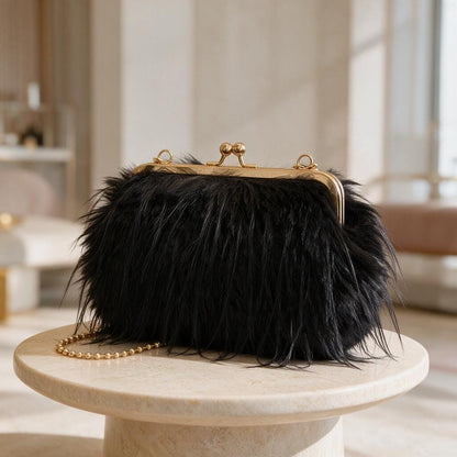 Black Shaggy Clutch Bag, Furry Evening Purse, Vintage Frame Handbag, Gold Chain Shoulder Bag, Statement Party Purse