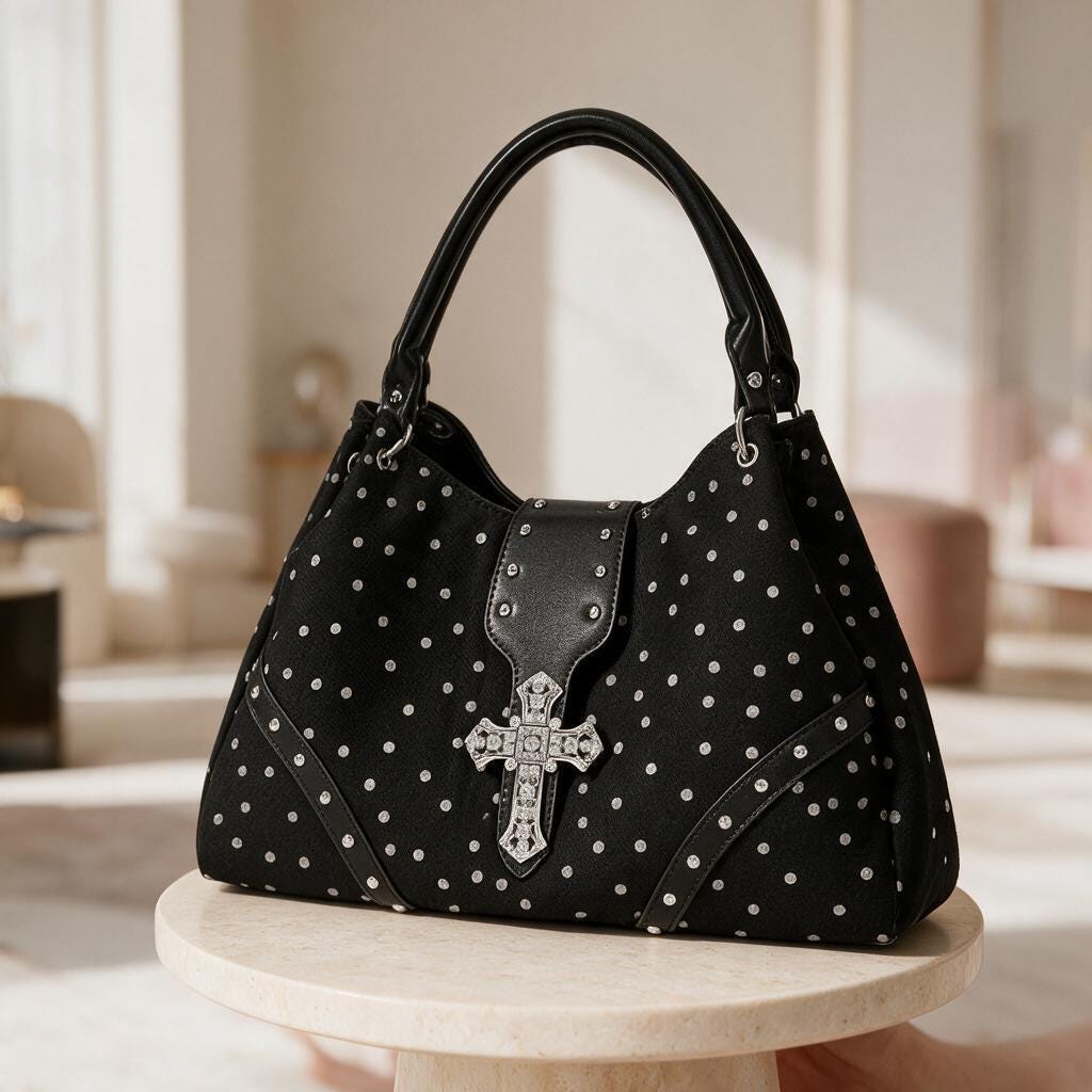 Gothic Cross Purse, Black Shoulder Bag, Alternative Handbag, Studded Polka Dot Bag, Gothic Fashion Accessory