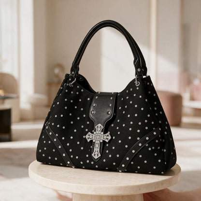 Gothic Cross Purse, Black Shoulder Bag, Alternative Handbag, Studded Polka Dot Bag, Gothic Fashion Accessory