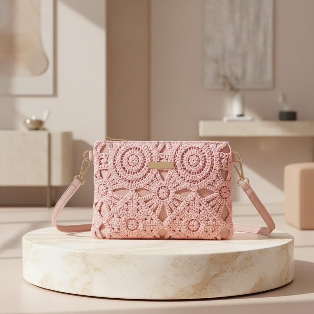 Pink Crochet Crossbody Bag, Lace Shoulder Purse, Boho Women's Handbag