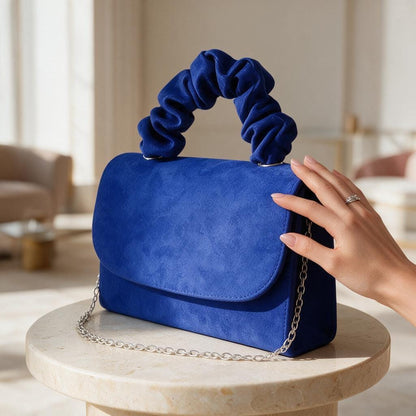 Royal Blue Clutch Bag, Cobalt Blue Evening Purse, Scrunchie Handle Handbag, Chain Strap Shoulder Bag, Wedding Guest Clutch