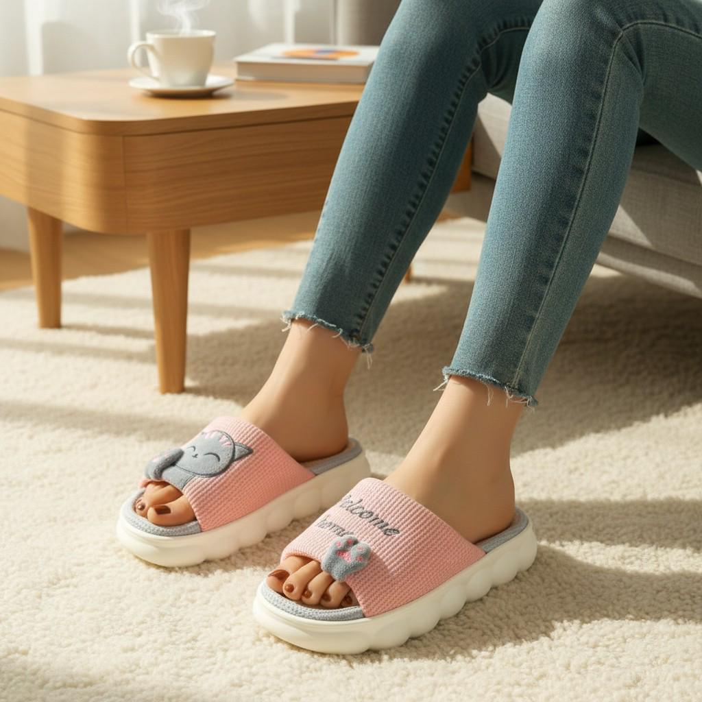 Pink Cat Slippers for Women, Cute Plush House Slides, Open Toe Indoor Shoes