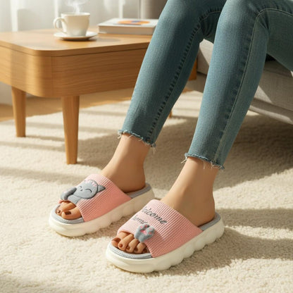 Pink Cat Slippers for Women, Cute Plush House Slides, Open Toe Indoor Shoes