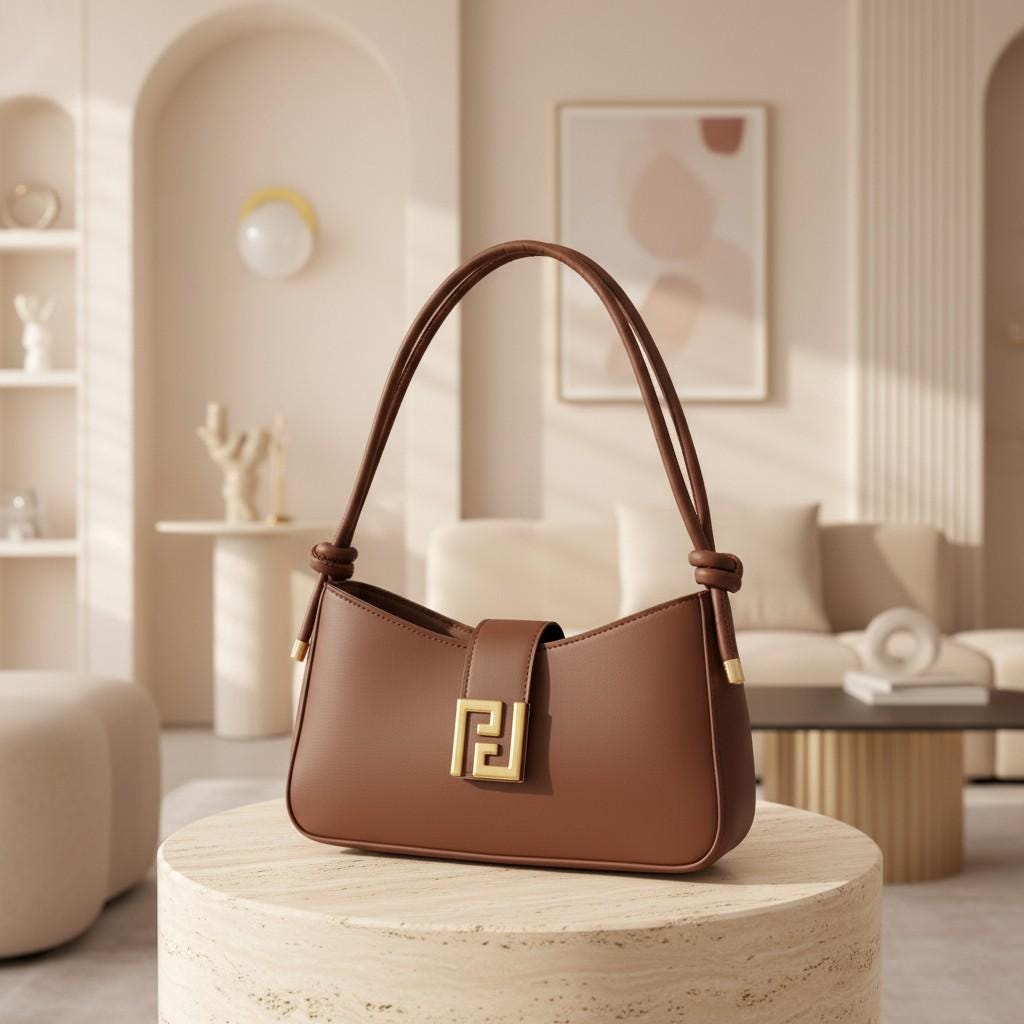 Chocolate Brown Baguette Shoulder Bag, Gold Clasp Handbag, Y2K Underarm Purse, Minimalist Everyday Bag
