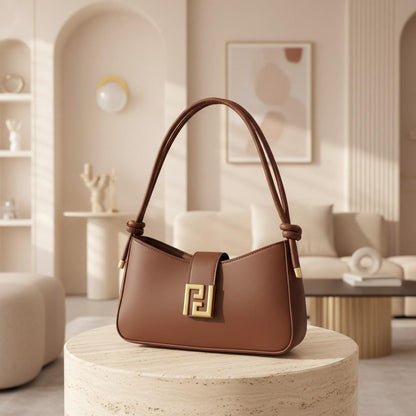 Chocolate Brown Baguette Shoulder Bag, Gold Clasp Handbag, Y2K Underarm Purse, Minimalist Everyday Bag