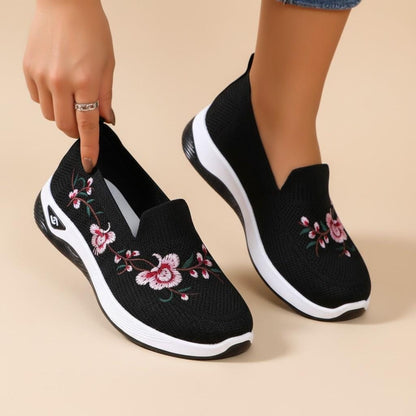 Black Floral Slip On Sneakers, Women's Embroidered Walking Shoes