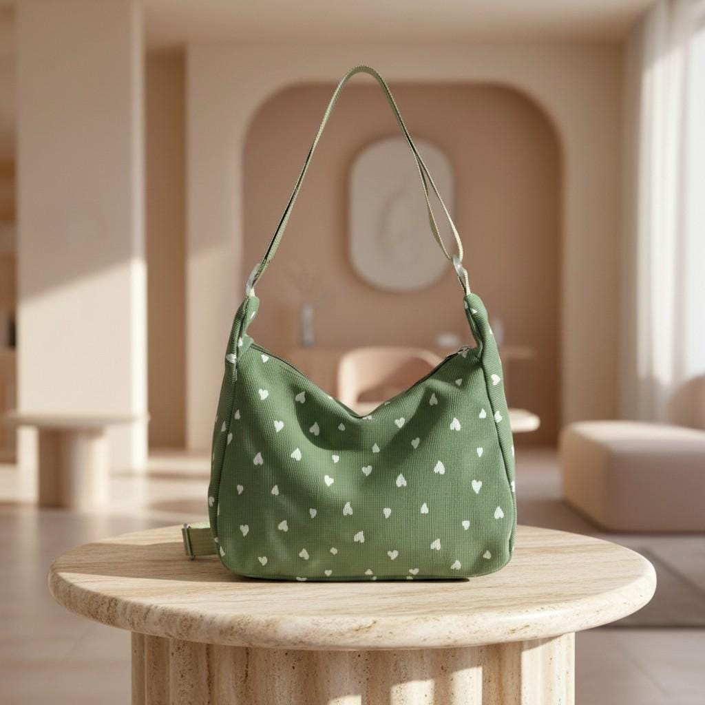 Sage Green Heart Shoulder Bag, Cute Hobo Purse, White Heart Print Handbag, Y2K Style Everyday Bag