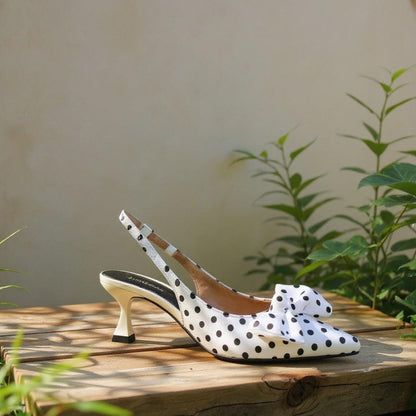 Polka Dot Heels, Black and White Bow Pumps, Women's Slingback Heels, Pointed Toe Pumps, Vintage Heels, Elegant Party Shoes, Statement Shoes