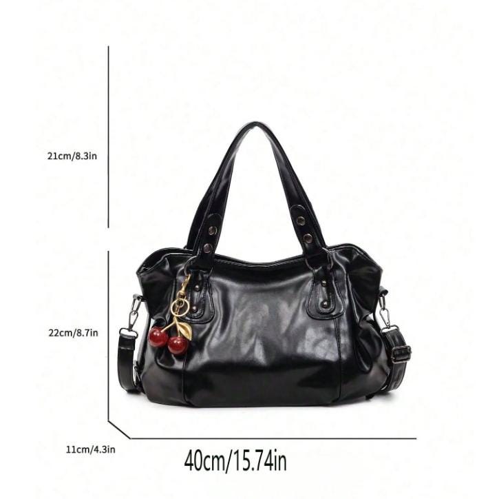 Black Hobo Shoulder Bag, Cherry Charm Purse, Slouchy Handbag, Large Everyday Bag
