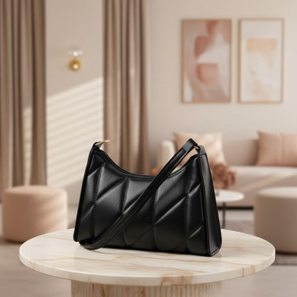 Black Quilted Shoulder Bag, Geometric Padded Purse, Y2K Handbag, Structured Black Baguette Bag, Minimalist Women's Bag