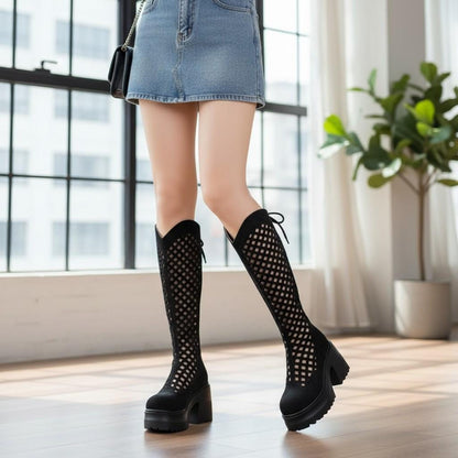 Black Mesh Knee High Platform Boots, Lace Up Tall Chunky Heel Boots