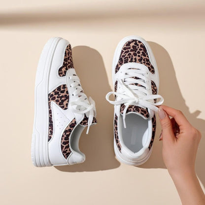 Leopard Print Sneakers for Women, White Low Top Shoes with Animal Print Panels