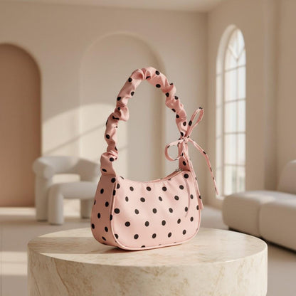 Pink Polka Dot Shoulder Bag, Bow Ribbon Strap Purse, Y2K Baguette Handbag, Coquette Pink Bag, Cute Everyday Purse
