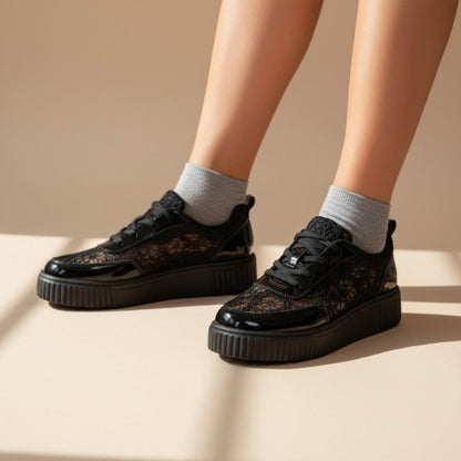 Black Lace Platform Sneakers, Women's Chunky Shoes, Lace Up Fashion Trainers
