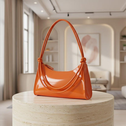 Orange Baguette Shoulder Bag, Glossy Orange Purse, Y2K Handbag, Bright Orange Underarm Bag, Trendy Women's Shoulder Bag