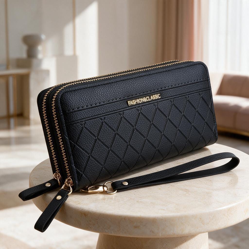 Black Double Zip Wristlet Wallet, Quilted Womens Wallet, Long Zip Purse