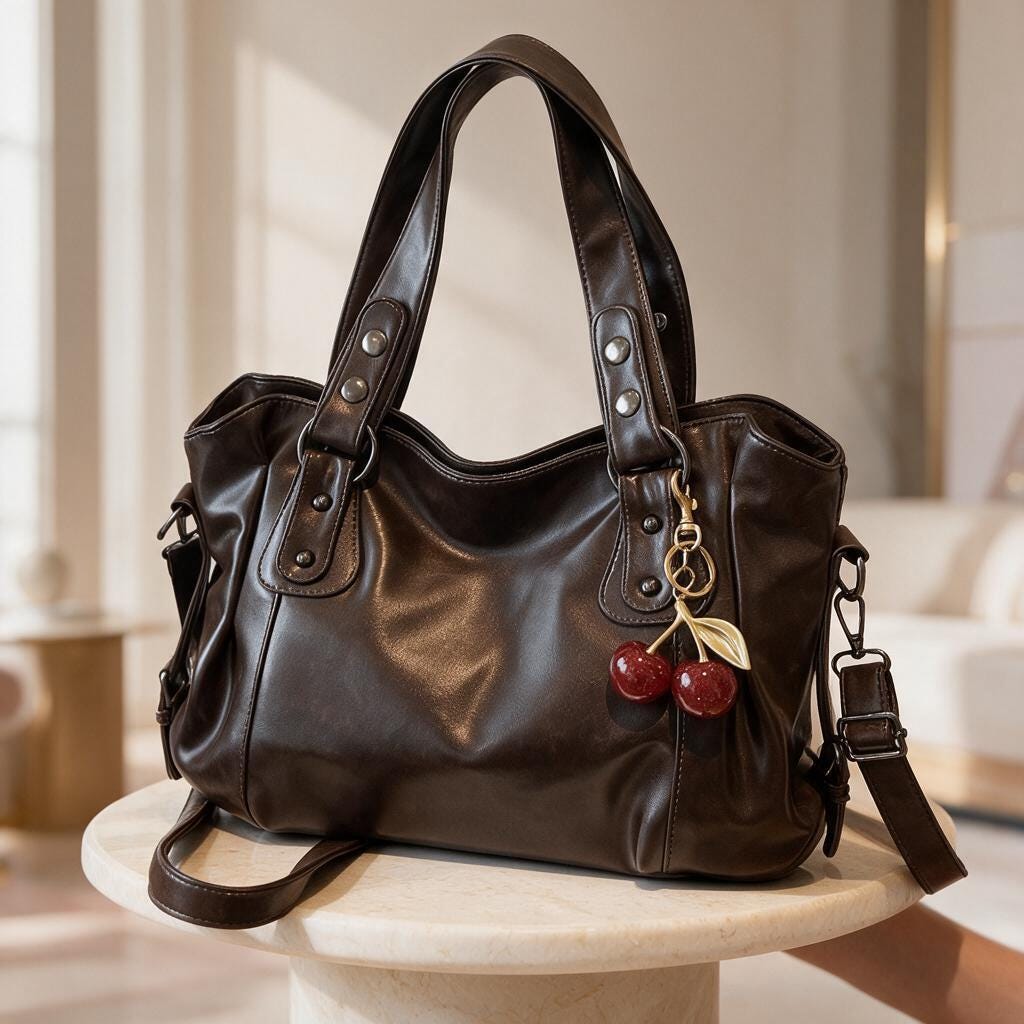 Brown Hobo Shoulder Bag, Cherry Charm Handbag, Slouchy Tote Purse, Large Everyday Bag