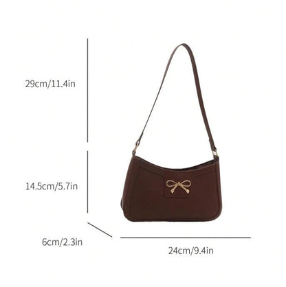 Brown Bow Shoulder Bag, Chocolate Baguette Purse, Gold Bow Handbag, Coquette Underarm Bag, Minimalist Everyday Purse