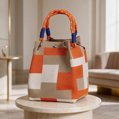 Geometric Tote Bag, Orange Beige Canvas Handbag, Woven Shoulder Bag, Color Block Purse, Rope Handle Bag, Everyday Summer Tote