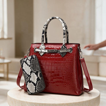 Red Crocodile Embossed Tote Bag, Snake Print Pouch, Structured Handbag, Top Handle Shoulder Bag, Women's Crossbody Purse