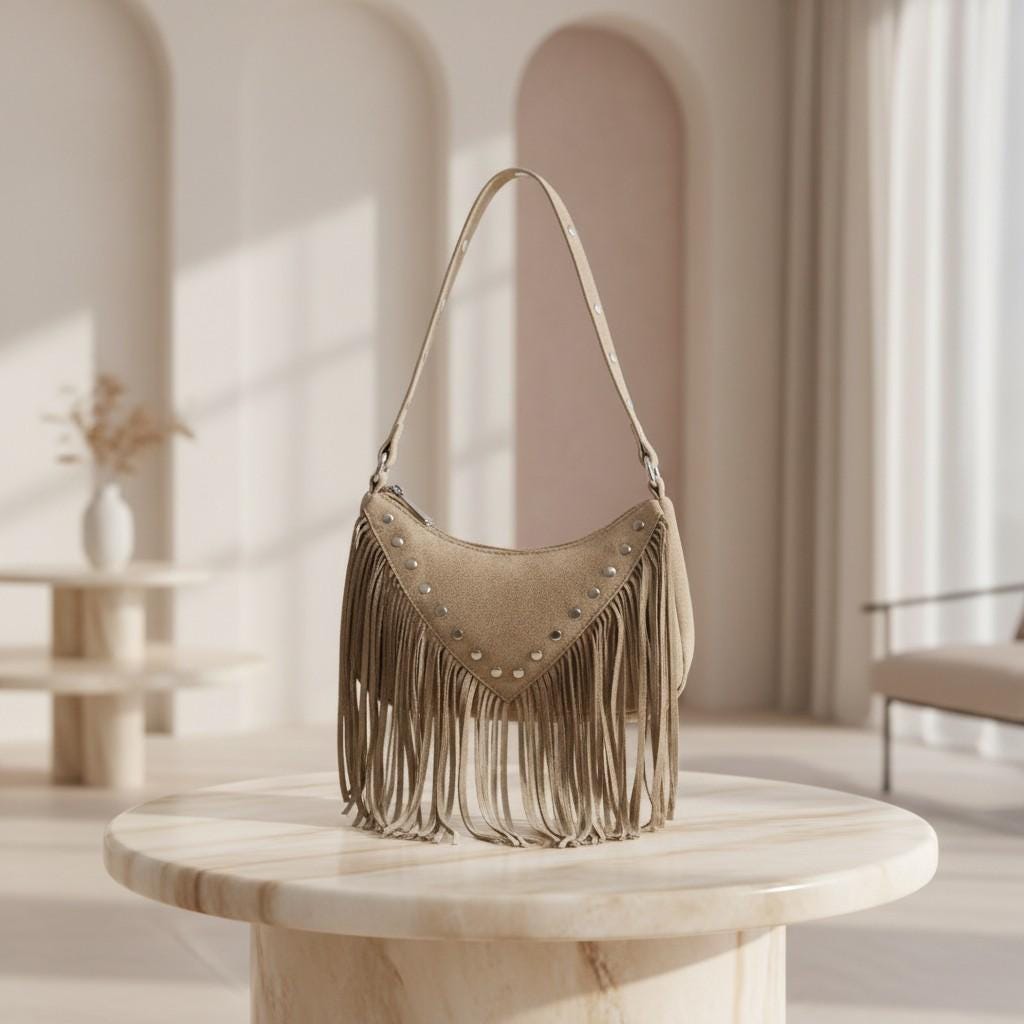 Taupe Fringe Shoulder Bag, Boho Purse, Western Fringe Bag, Studded Hobo Bag, Festival Handbag