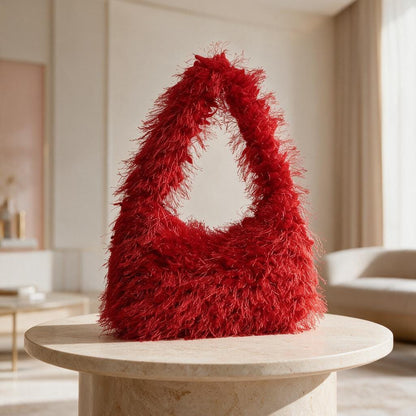 Red Fuzzy Shoulder Bag, Fluffy Handbag, Y2K Statement Purse, Cute Red Bag