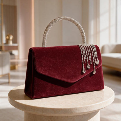 Burgundy Evening Clutch, Rhinestone Handle Bag, Red Formal Purse, Wedding Guest Bag