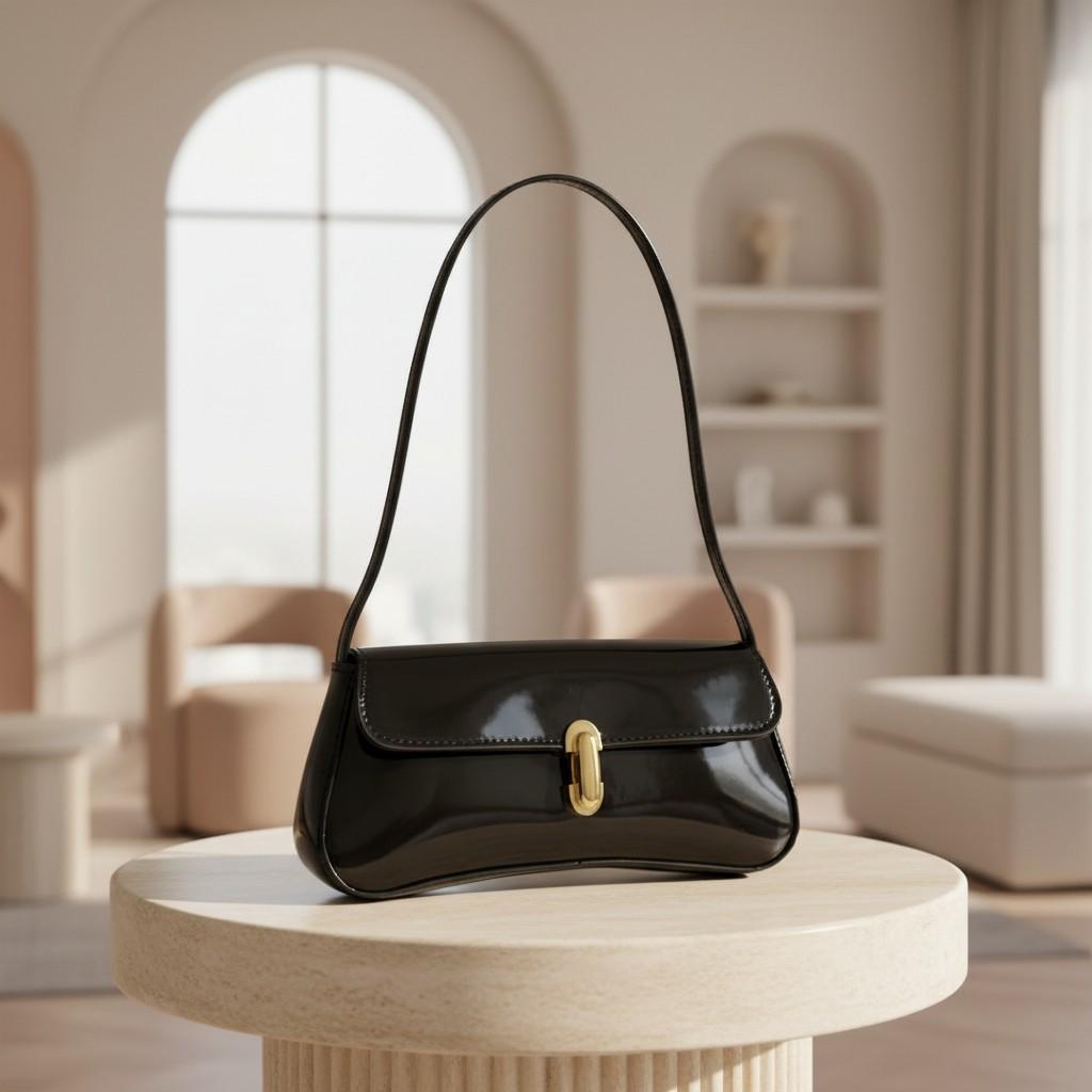 Black Glossy Shoulder Bag, Baguette Purse, Gold Clasp Handbag, Y2K Underarm Bag, Minimalist Everyday Purse