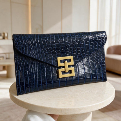 Navy Blue Croc Embossed Clutch, Royal Blue Envelope Purse, Gold Clasp Evening Bag, Elegant Flap Handbag, Wedding Guest Purse