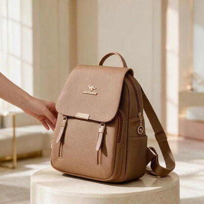 Brown Women's Backpack, Tan Flap Backpack, Chic Everyday Daypack, Small Casual Backpack, Structured City Bag, Travel Purse