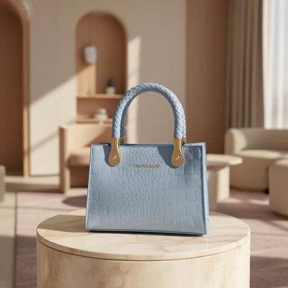 Blue Crocodile Print Handbag, Structured Top Handle Bag for Women, Small Shoulder Purse with Long Strap
