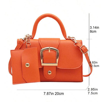 Orange Handbag for Women, Structured Shoulder Bag, Top Handle Crossbody Purse, Buckle Detail Everyday Bag