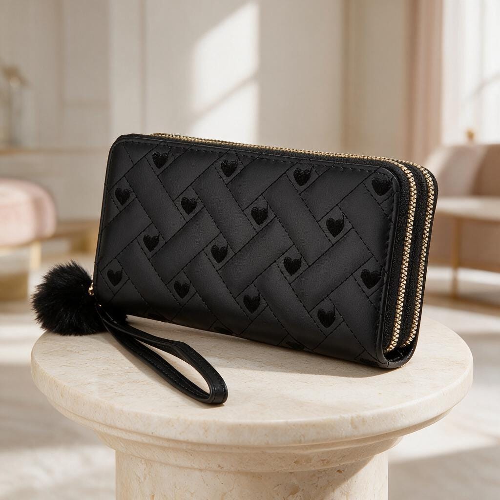 Black Heart Pattern Wristlet Wallet, Double Zip Quilted Purse for Women