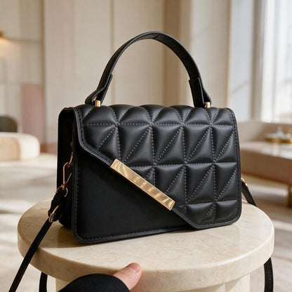 Black Quilted Handbag, Padded Top Handle Purse, Elegant Flap Shoulder Bag, Minimalist Crossbody Bag, Womens Evening Purse
