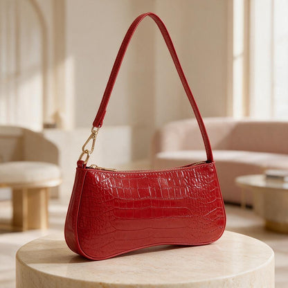 Red Croc Embossed Shoulder Bag, Y2K Baguette Purse, Glossy Faux Croc Handbag, Mini Underarm Bag, Red Shoulder Purse