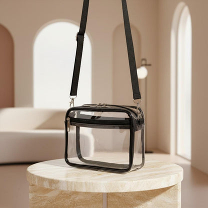 Clear Crossbody Bag, Transparent Shoulder Purse, Black Trim Zipper Handbag