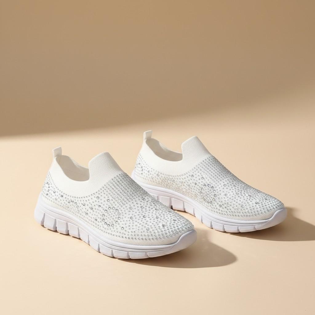 White Rhinestone Slip On Sneakers, Women's Sparkle Knit Shoes, Embellished Casual Sneakers