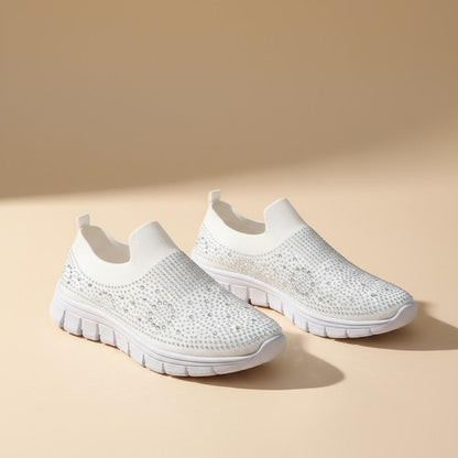 White Rhinestone Slip On Sneakers, Women's Sparkle Knit Shoes, Embellished Casual Sneakers