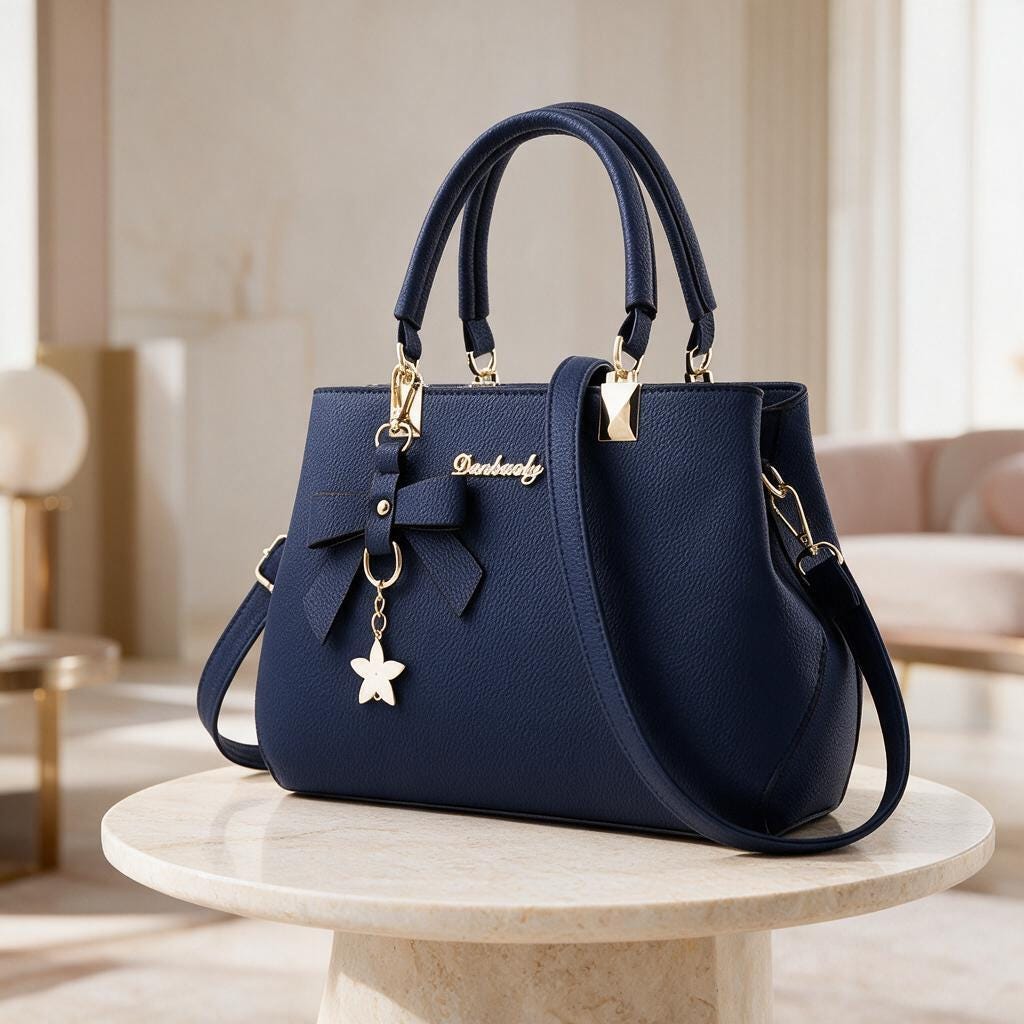 Navy Blue Bow Handbag, Structured Top Handle Purse, Elegant Shoulder Bag, Matching Wallet Set, Womens Blue Handbag