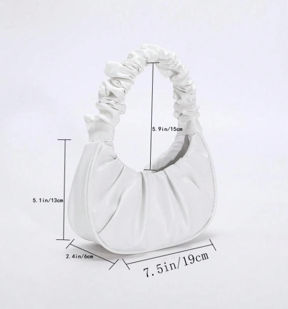 White Ruched Shoulder Bag, Gathered Crescent Purse, Scrunchie Handle Handbag, Minimalist Underarm Bag, Trendy Everyday Purse