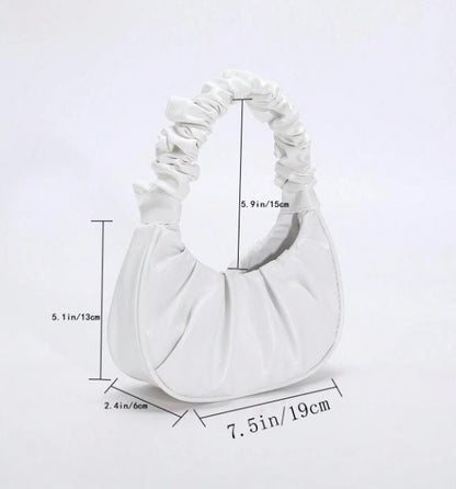 White Ruched Shoulder Bag, Gathered Crescent Purse, Scrunchie Handle Handbag, Minimalist Underarm Bag, Trendy Everyday Purse